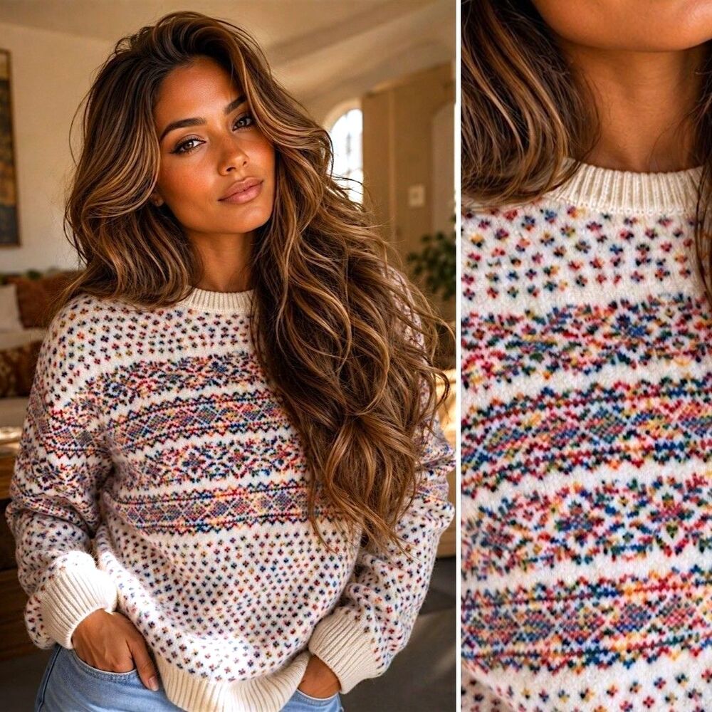 J Crew 100% Wool Fair Isle XS Sweater Cream Nordic Heritage Cabincore Pullover